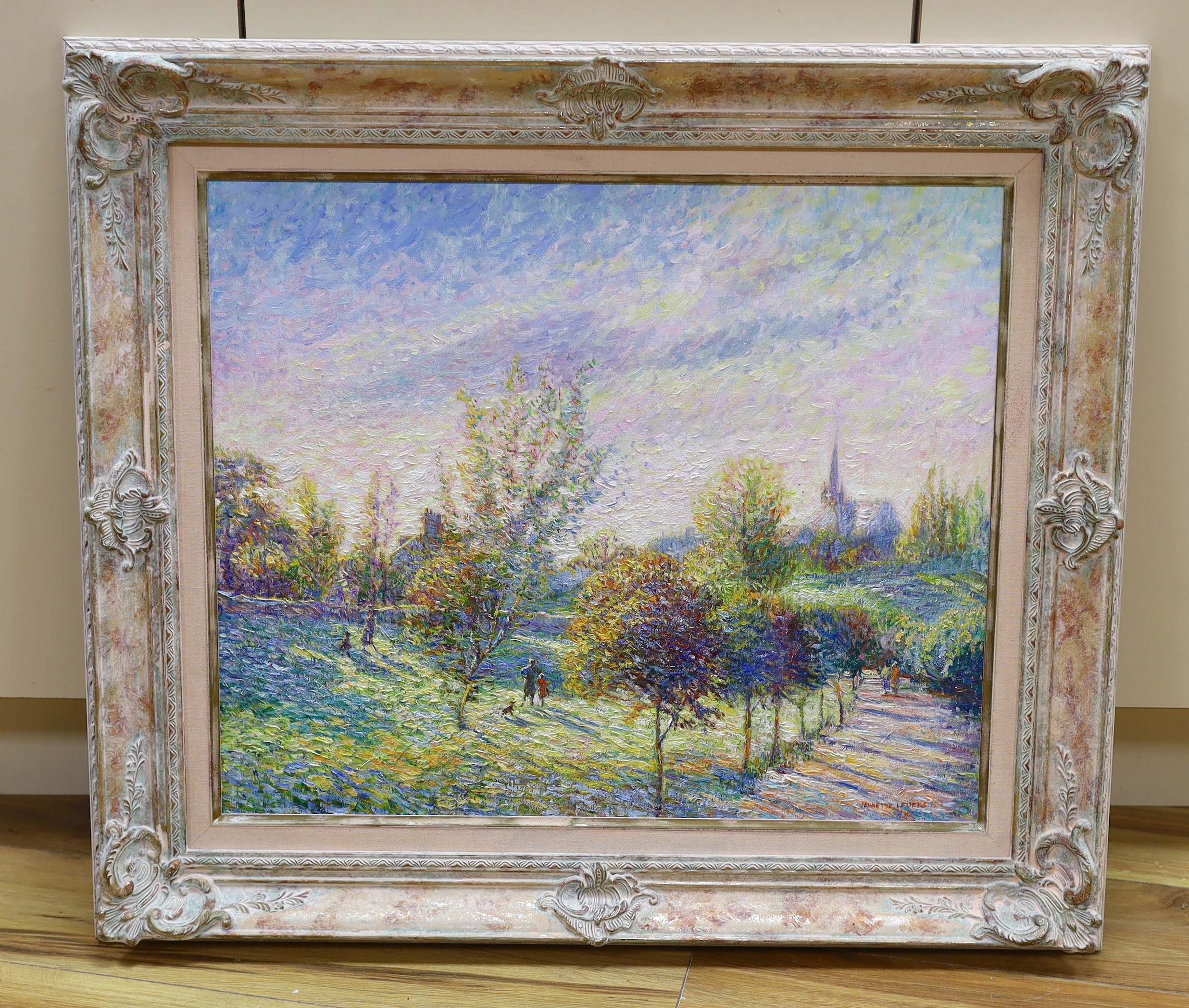 Jeanette Leuers (French, 1942-), Impressionist oil on canvas, 'Fresh Morning Sun, Coismes, Brittany', signed and inscribed verso, 49 x 59cm